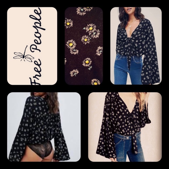 Free People Tops - 🌻 FREE PEOPLE Intimacy Forties Feel Black Sunflower Bell Sleeve Bodysuit-L